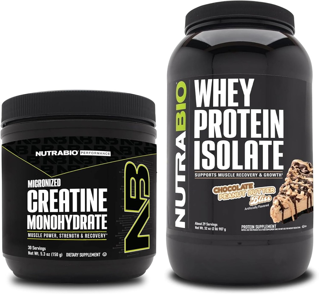 NutraBio Créatine monohydratée, non aromatisée, Isolée de protéines de 150g et de lactosérum, Beurre d'arachide au chocolat, lot supplémentaire - Énergie musculaire, croissance musculaire maigre, récupération et force
