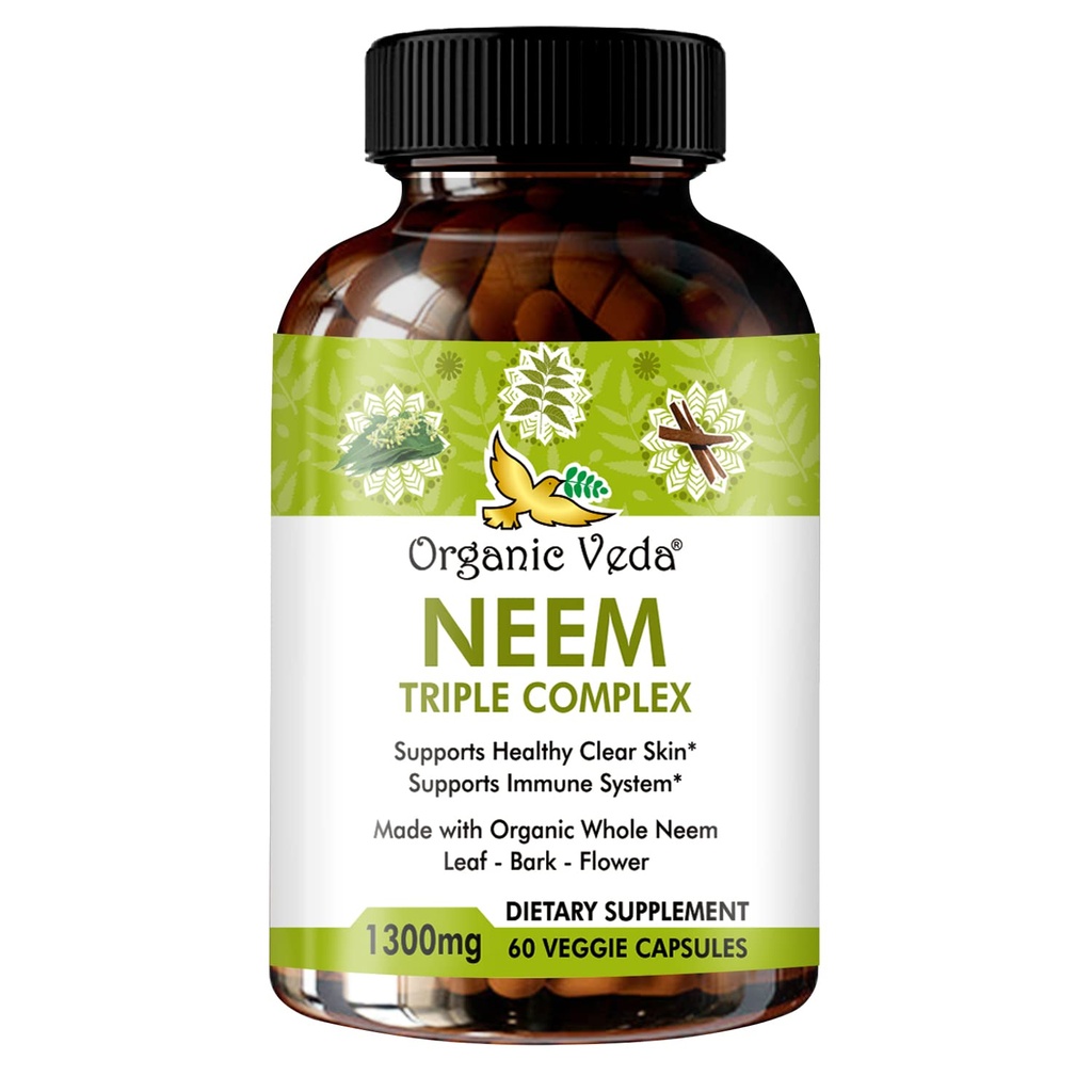 Bio Veda Neem Kapseln mit dreifachen Komplex Neem Blatt Extrakt, Bark & Blume - Kräuterergänzung Boosts Immunität, verbessert Verdauung, Hautgesundheit & Unterstützung Reinigung - 60 Zähler