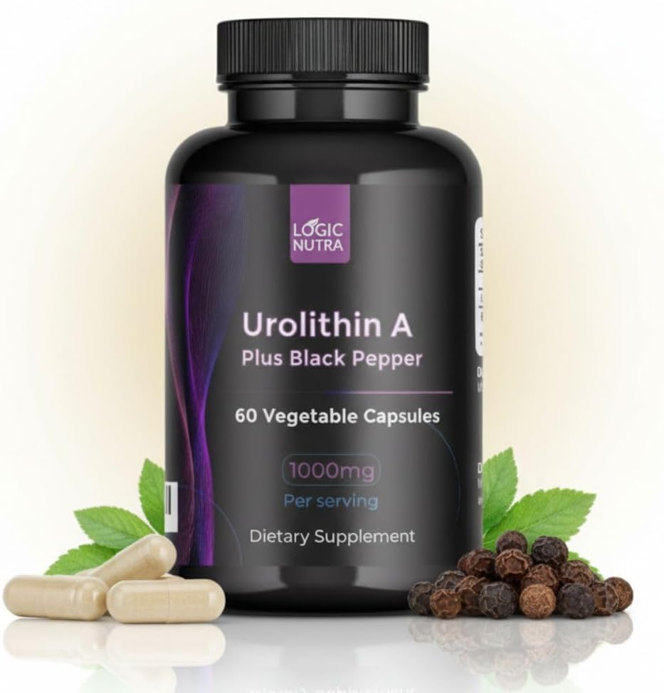 Urolithin A Plus Black Pepper Extract - 1000mg per Serving - Non OGM, Vegan e Gluten-Free - 60 capsule vegetali - Integratore alimentare (Unflavored)
