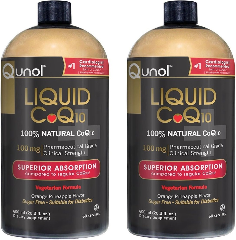 Qunol Liquid CoQ10 100mg, Assorbimento Superiore Supplemento naturale Forma di Coenzyme Q10, Antiossidante per la salute del cuore, Ananas arancio aromatizzato, 60 Serve, 20.3 oz Bottiglia, Confezione da 2