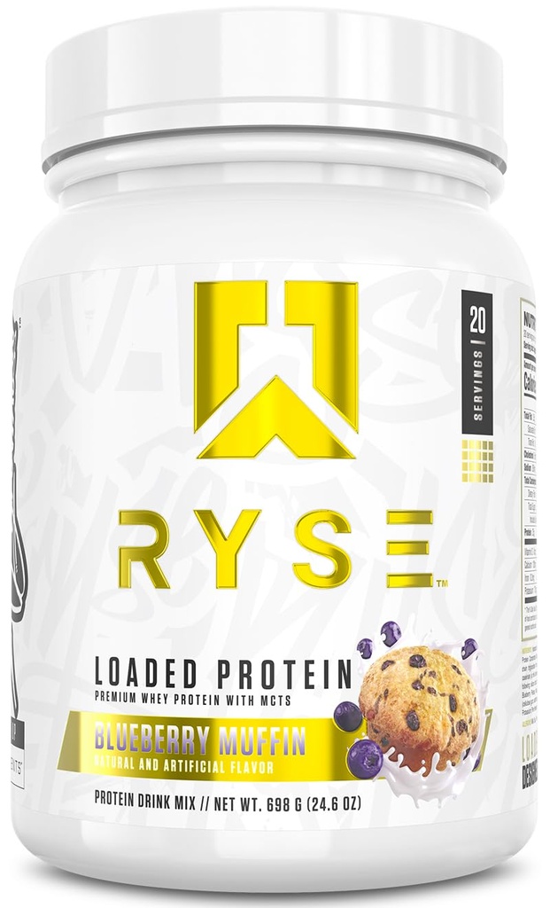 Poudre de protéines chargées RYSE - Muffin de myrtilles - 25g Protéine de lactosérum isolée et concentrée avec fibre prébiotique et MCT - faible teneur en glucides, faible teneur en sucre, agréable à la digestion - 20 portions / 1,5 lb Tub
