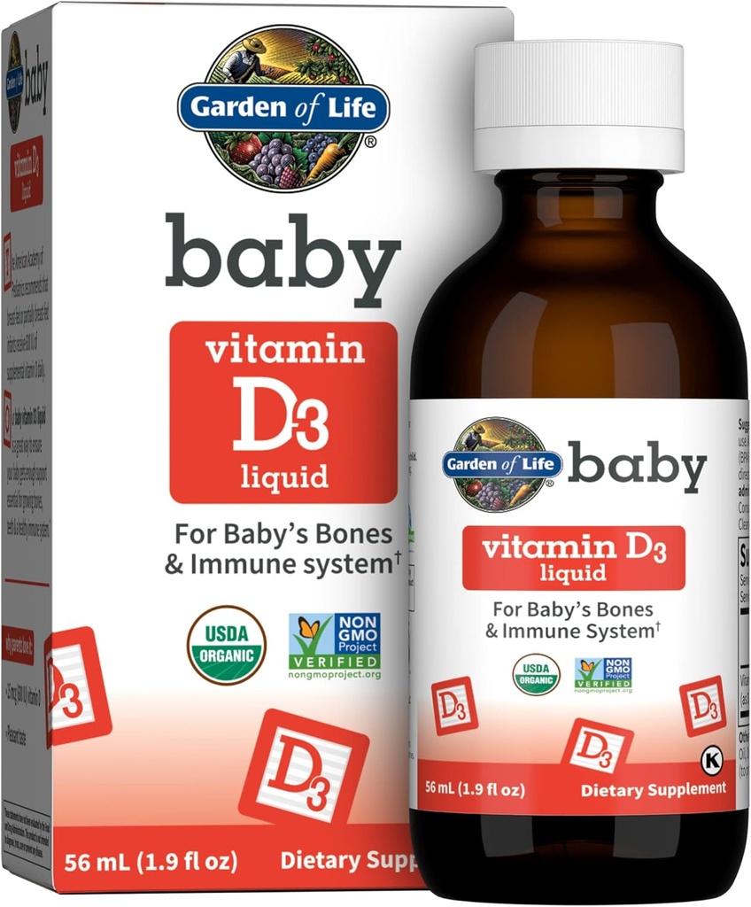 Garden of Life Baby Vitamin D3 Liquid, 600 IU (15 mcg) Organic Liquid Vitamin D for Infants & Toddlers, Support for Baby's Bones & Immune System, Gluten Free & Non-GMO, 56 mL (1.9 fl oz) Liquid