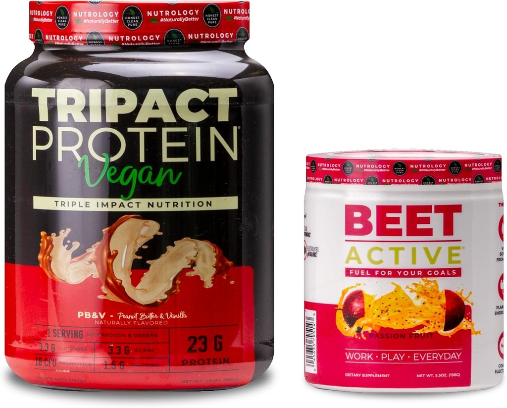 Nutrology TRIPACT Vegan Protein Powder, für Vegan Protein Shakes, Peanut Butter Vanille (20 Servierungen) & Beet Active, Natural Pre-Workout Powder, Passion Fruit Flavor (30 Servierungen)