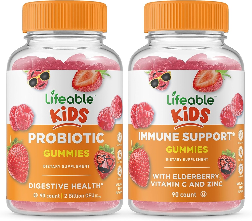 Lifeable Probiotic 2 Billion CFU Kinder + Immununterstützung Kinder, Gummis Bundle - Große Verkostung, Vitamin-Ergänzung, Glutenfrei, GMO frei, Kaugummi