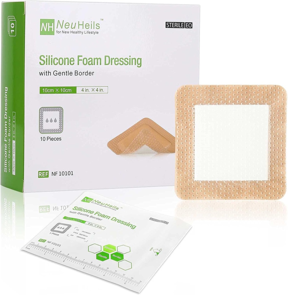 NeuHeils Silikon-Klebeschaum-Kleidung mit sanften Border 4'''x4''' für Bett Sore Leg Ulcer 10 Pack, hohe Absorption Wasserdichte Silikon Wound Bandage