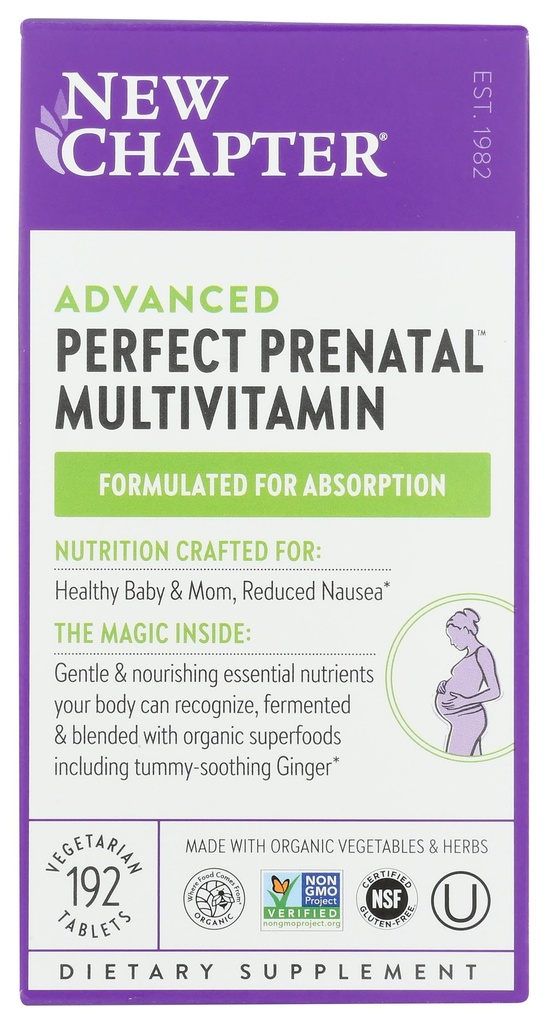 Neues Kapitel Perfekte pränatale Vitamine, Bio-Pränatal-Vitamine, Nicht-GMO-Zutaten für gesunde Baby & Mutter - Folat (Methylfolat), Eisen, Vitamin D3, gefruchtet mit ganzer Nahrung und Probiotikum, 192 Zählung