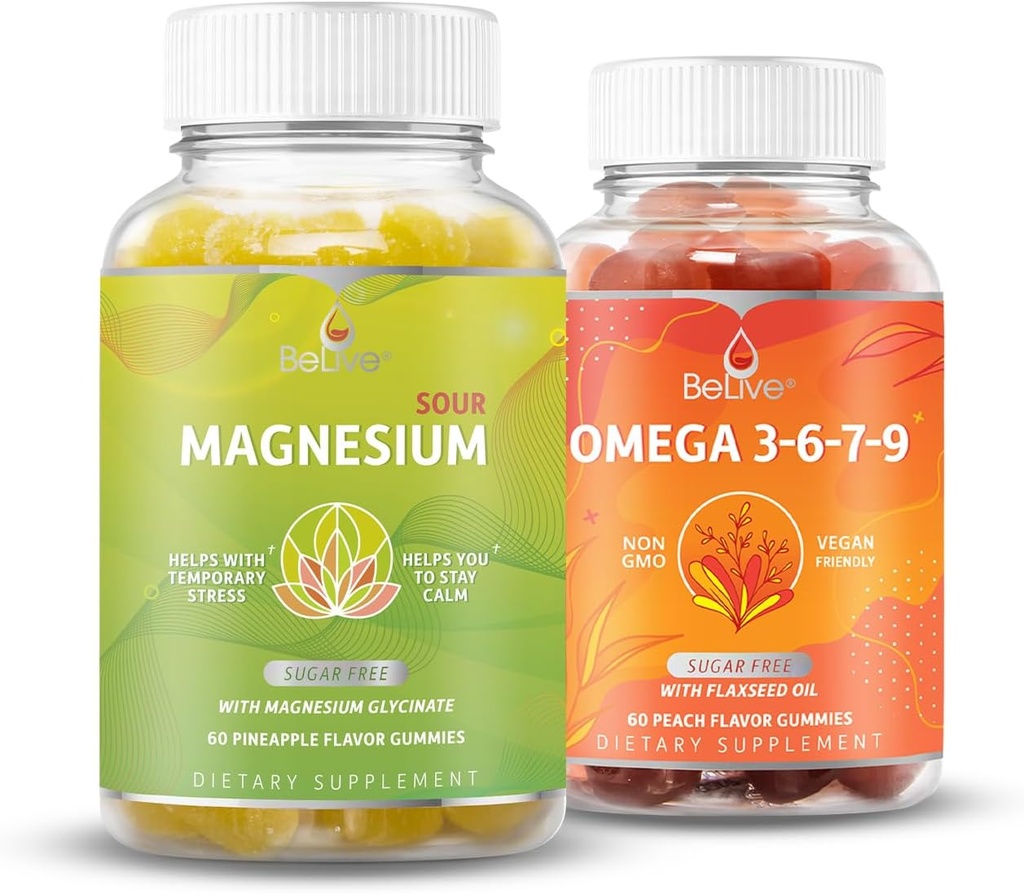 BeLive Magnesium GLycinate & Omega 3-6-7-9 Bundle per il relax, sonno, cervello, cuore e supporto del sistema immunitario