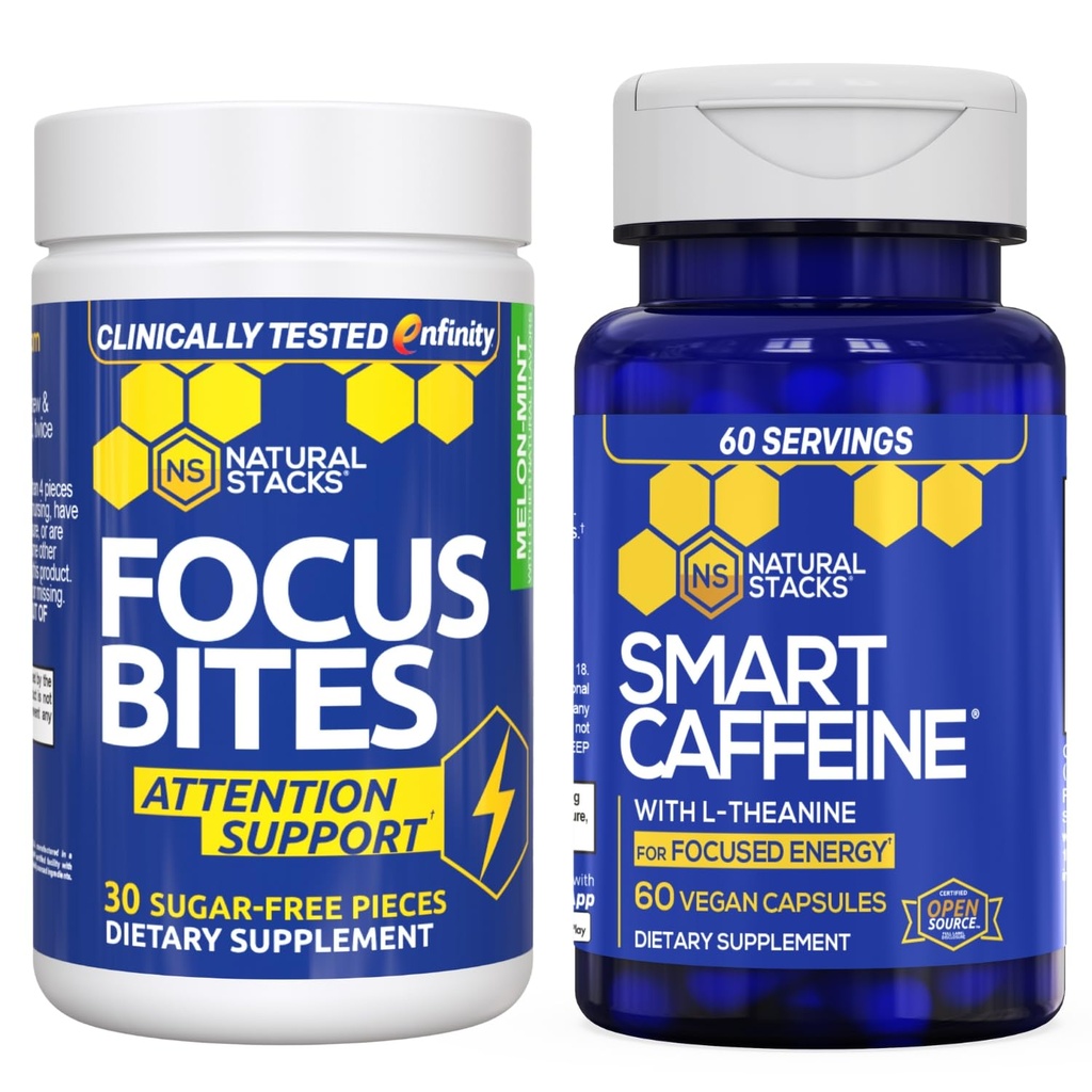 STACKS NATURELS Smart Caffeine + Focus Bites Bundle - Suppléments caféine et paraxanthine - Supporte Energy & Focus* - Pas de jitters ou de crash - 90 pièces