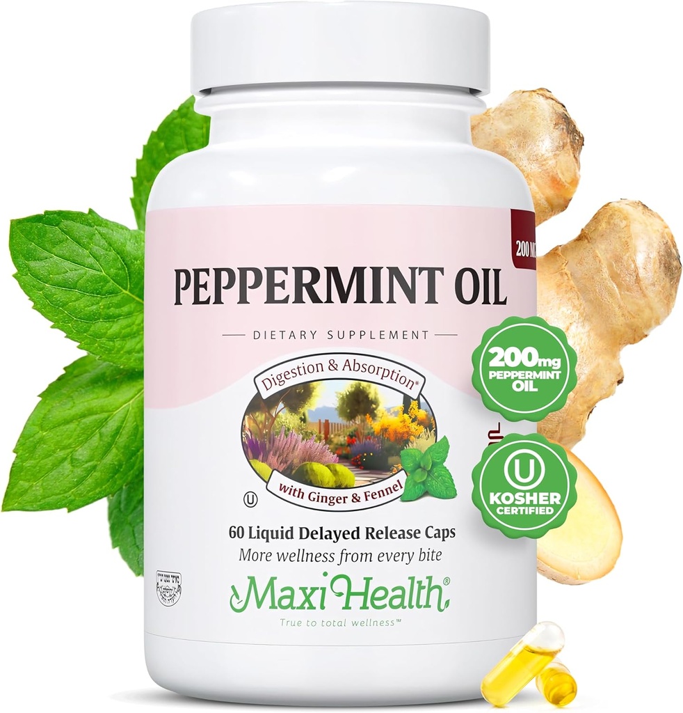 Maxi Health Peppermint Oil Capsules – Organic Ginger Oil & Fennel Delayed Release Capsule – Ingestible Dietary Kosher Peppermint Supplement for Digestive Support (60 Capsules)