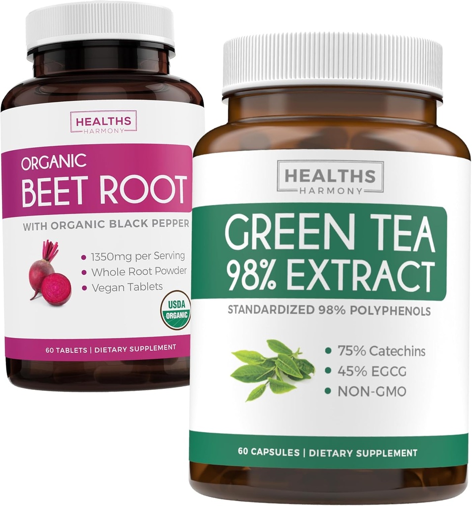 Racine de betterave et extrait de thé vert (1-Mois) Detox Power Duo - Racine de betterave biologique avec poivre noir pour l'absorption 1250mg (60 comprimés) et extrait de thé vert 98% avec EGCG 1000mg par portion (60 capsules)