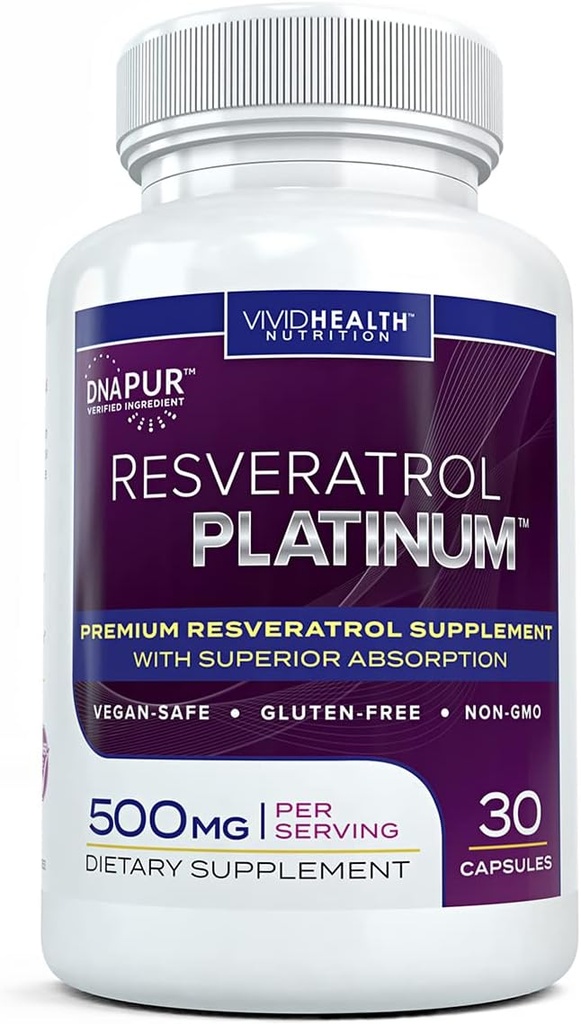 Resvératrol Platinum Antioxydants Supplément: Formule anti-vieillissement puissant avec Resvératrol Trans pur et naturel pour le soutien immunitaire, la vitalité et la santé du cerveau, 30 Capsules de Véggie sans gluten