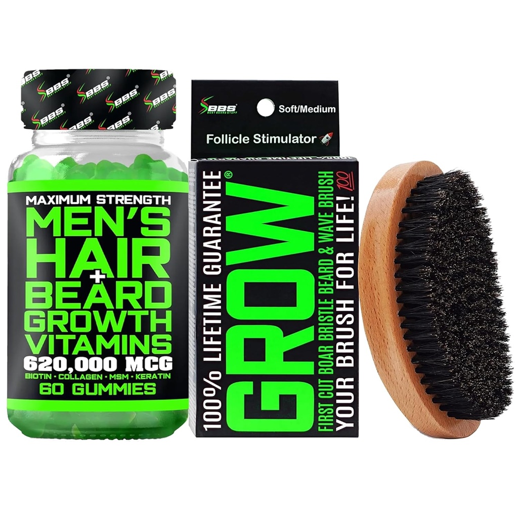 Kit di crescita del cuscinetto w/ 620,000mcg 14-in-1 BIOTIN Gummies/Beard Growth Vitamine & Vitamine di crescita dei capelli per gli uomini + 100% di sostituzione di vita prima taglio Boar Bristle Brush & 360 Wave Brush per gli uomini
