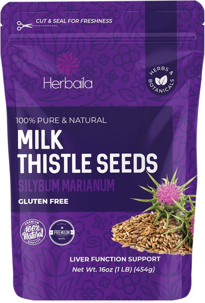 Herbaila Lait Graines de chardon, 1 lb. Silymarin Lait Thé de chardon, Chardon de lait en vrac Graines entières d'herbe, Chardon de lait pur en vrac, Graines de chardon de lait en entier, toutes naturelles, sans gluten, non-OGM. 1 livre.