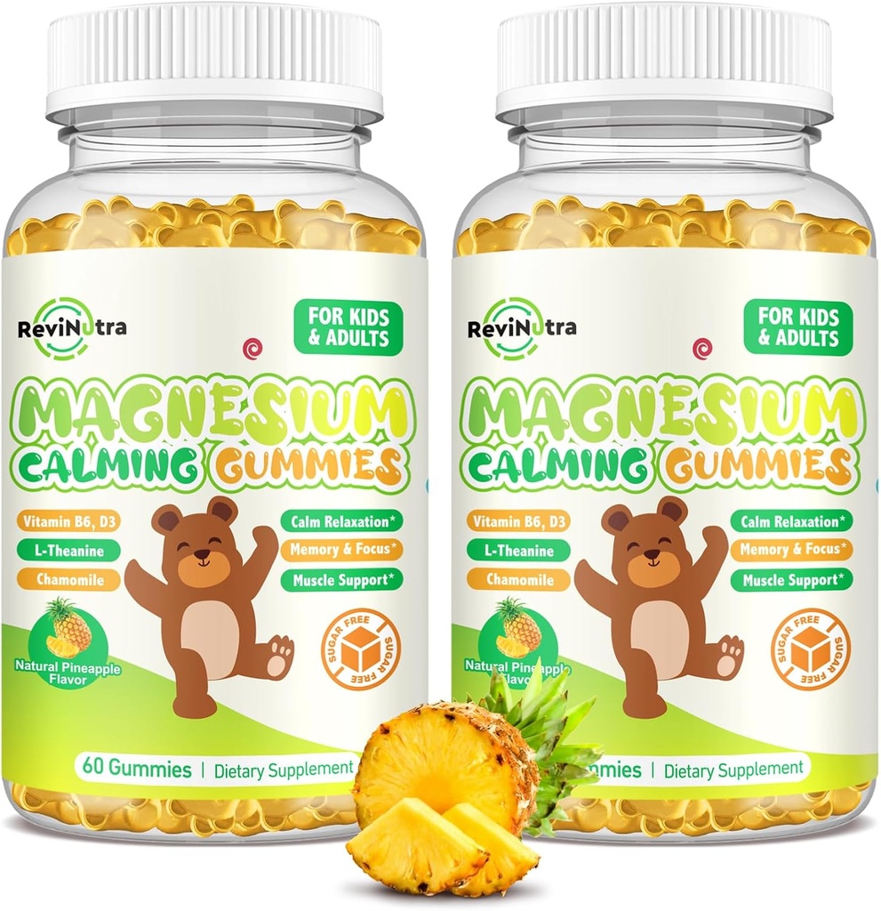 Magnesio Gummies per bambini - Magnesio Glycinate Gummies Supplemento con L-teanina, Vitamina B6, D3 per adulti e bambini, Magnesio calma per il sonno, Rilassamento, Cervello,Bones, Ananas gratis di Sugar 120ct
