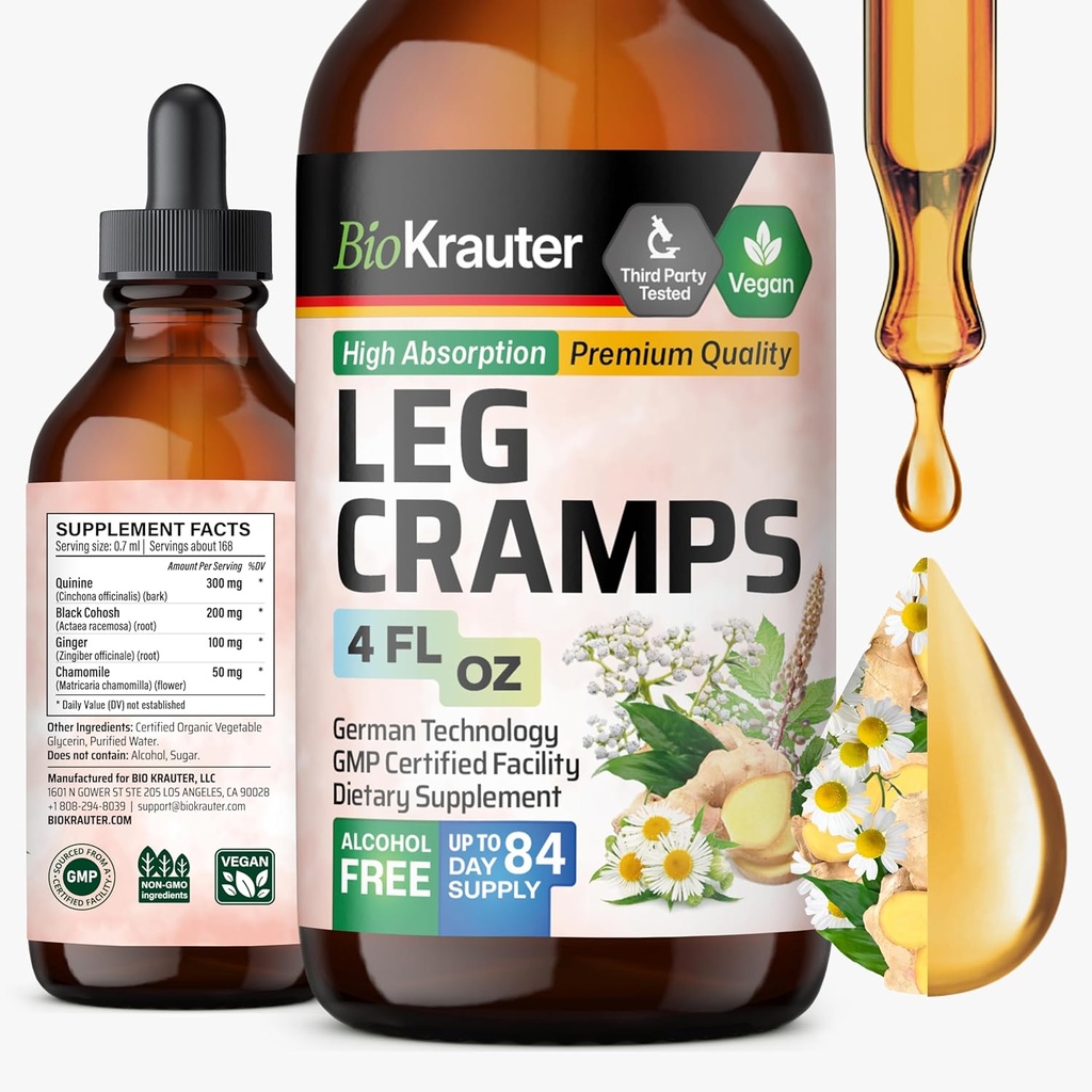BIO KRAUTER Leg Cramps Tincture con Quinine - Ginger & Chamomile Liquid Extracts for Leg Cramps - Natural Alcohol & Sugar Free Formula - Vegan Drops 4 Fl.Oz.