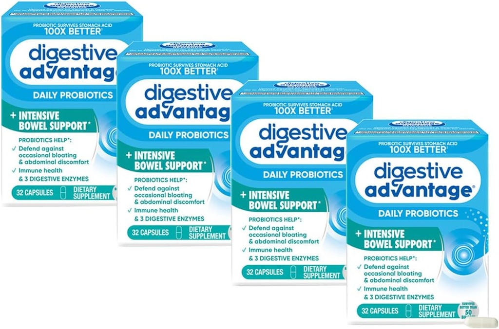 Verdauungsvorteil Intensive Bowel-Unterstützung Probiotische Verteidiger gegen Gas & Bloating, 32 Zähler Kapseln (4 Packung)