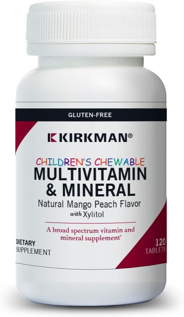 Kirkman - Kindergebäck Multivitamin & Mineral - 120 Tabletten - Potent Broad-Spectrum Vitamin/Mineral Supplement - mit Xylitol - Natural Mango Peach Flavor