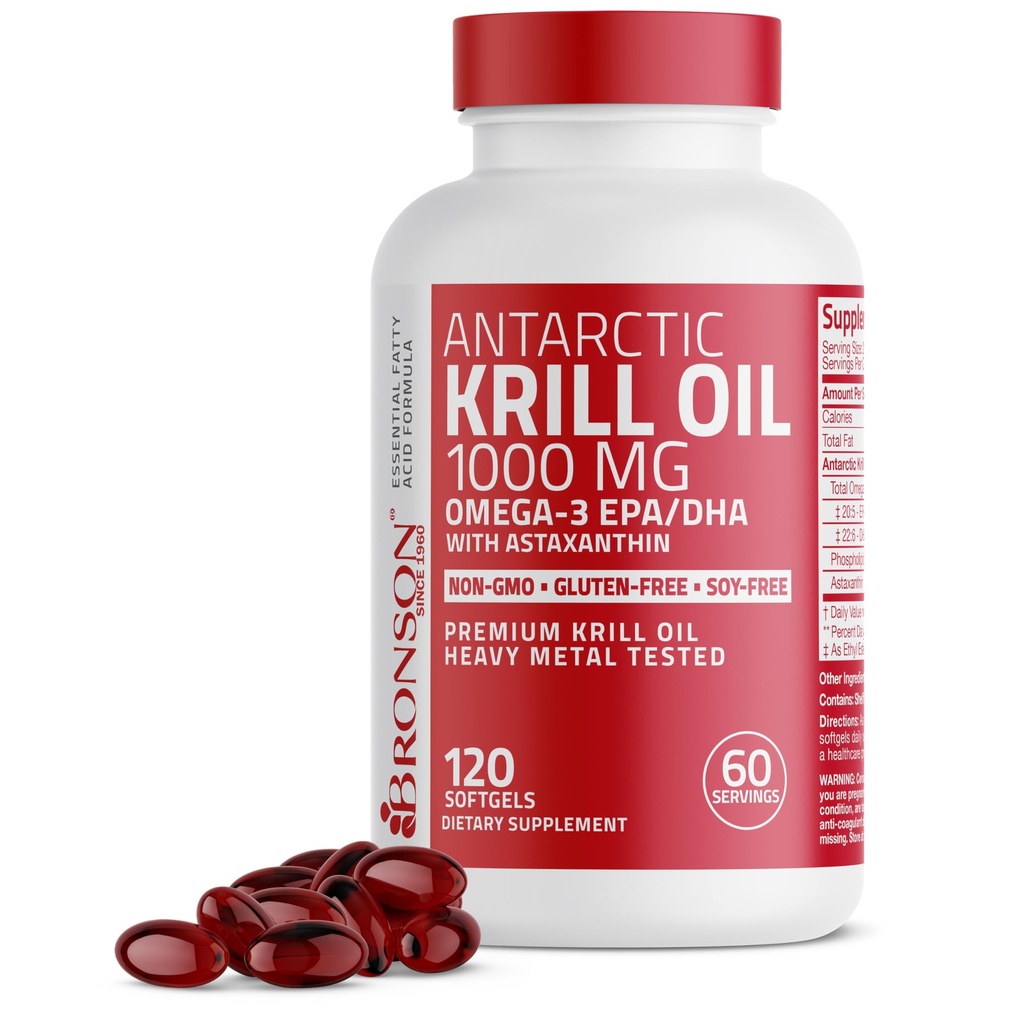 Bronson Antarctic Krill Oil 1000 mg mit Omega-3s EPA, DHA, Astaxanthin und Phospholipiden 120 Softgels