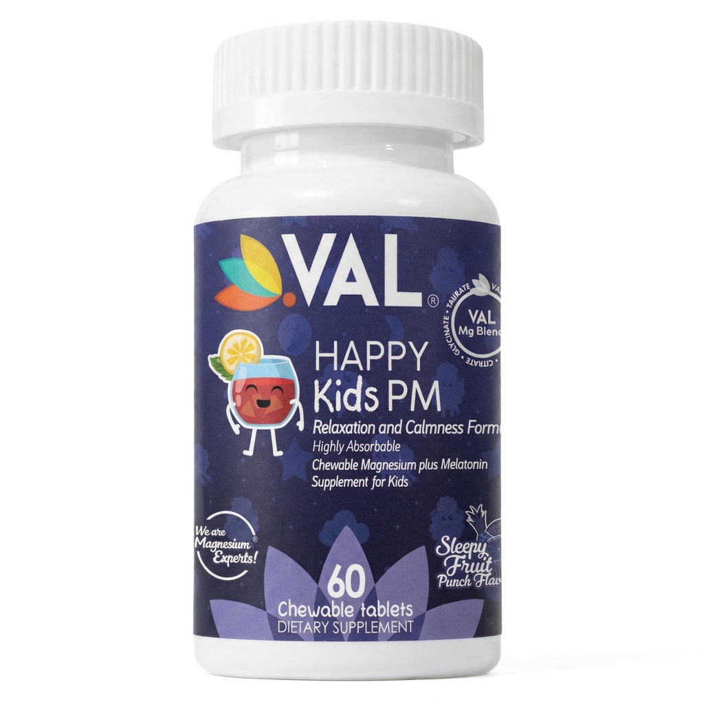 VAL Happy Kids PM – Magnesio masticabile senza zucchero con Melatonina | Supporto sonno per bambini | Magnesio Glycinate + Citrato + Taurate | B6, C | Fruit Punch | 60 compresse | Non OGM