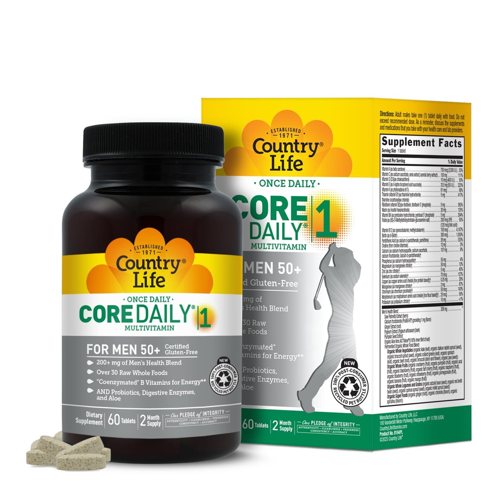 Country Life CORE Daily-1 Multivitamine pour les hommes 50+ - sans gluten, soutien énergétique avec Coenzymated B vitamines, probiotiques, aliments entiers et enzymes digestives, certifié sans gluten, 60 comprimés