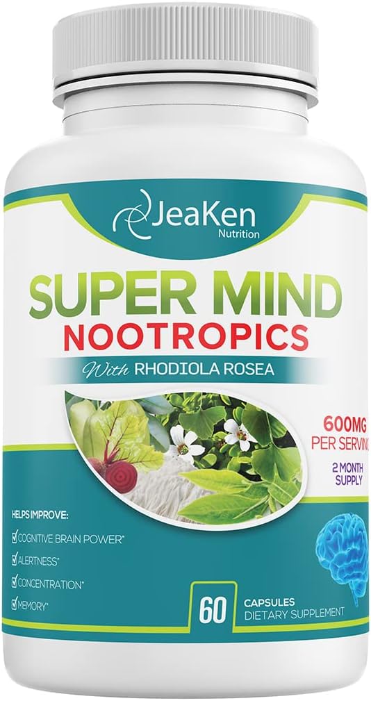 Super Mind - Nootropics Cognitive Enhancer - Brain Boost Supplement mit natürlichen Inhaltsstoffen - Bacopa Monnieri - Rhodiola Rosea - Ginkgo Biloba - Vitamin B12-60 Vegan Kapseln Made in USA