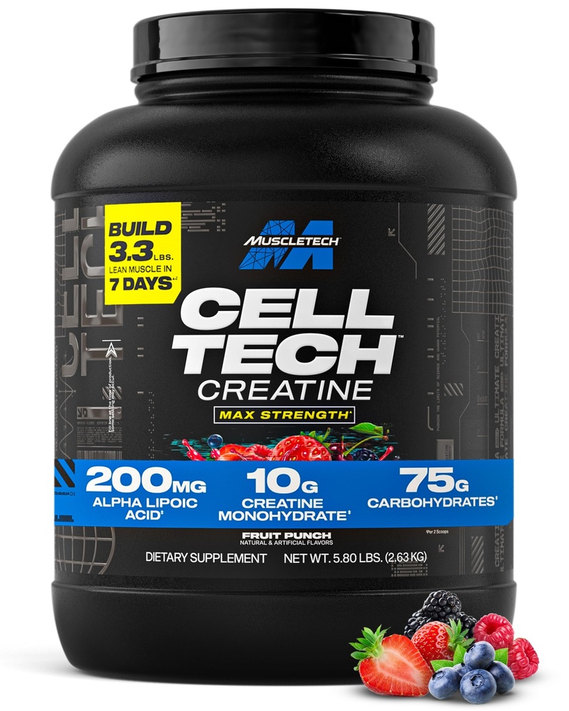 MuscleTech Creatine Monohydrat-Pulver - Cell-Tech Creatine Powder Post Workout Recovery Drink, Muskelaufbau & Muskelaufbau Creatine Supplement - Frucht-Punch, 6 lbs (56 Serv) - Verpackung Mai Vary