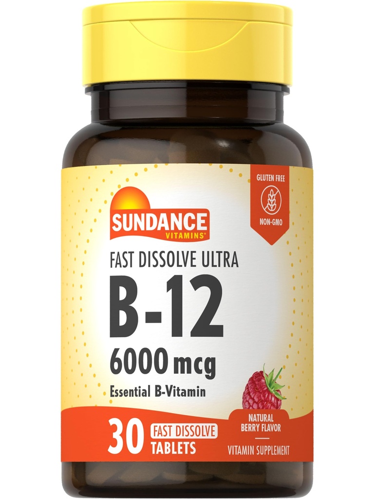 Sundance Fast Dissolve Vitamin B-12 | 6000mcg | 30 Tabletten | Natürliche Berry Geschmack | Vegetarisch, Non-GMO, und Glutenfreie Ergänzung