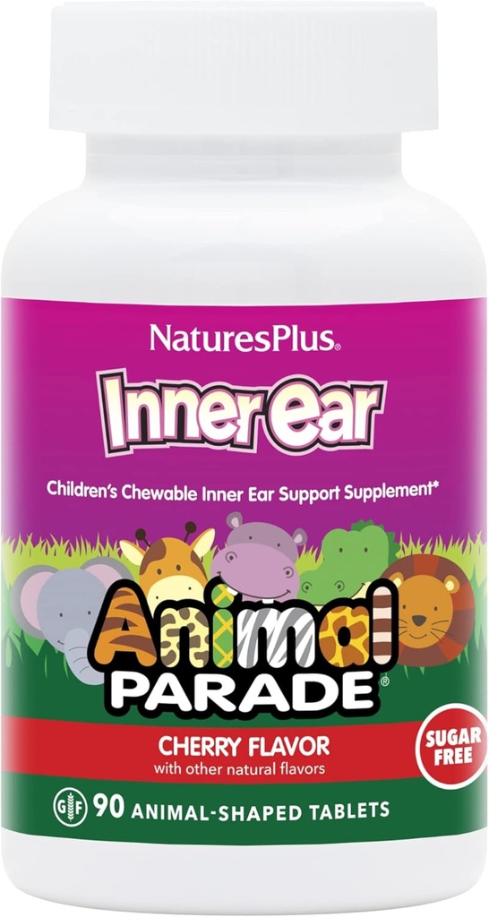 Natures Plus Parade d'animaux Soutien à l'oreille des enfants à l'intérieur - Saveur de cerise naturelle - 90 comprimés en forme d'animal - Supplément probiotique - Sans gluten - 45 portions