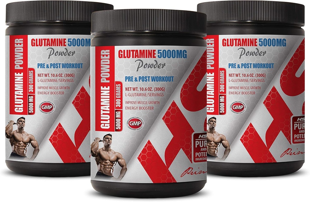 Muscle Recovery Aminosäuren - PRE & Post Workout - GLUTAMINE Powder 5000MG - Glutaminpulver Non-GMO - 3 Cans 900 Gramm