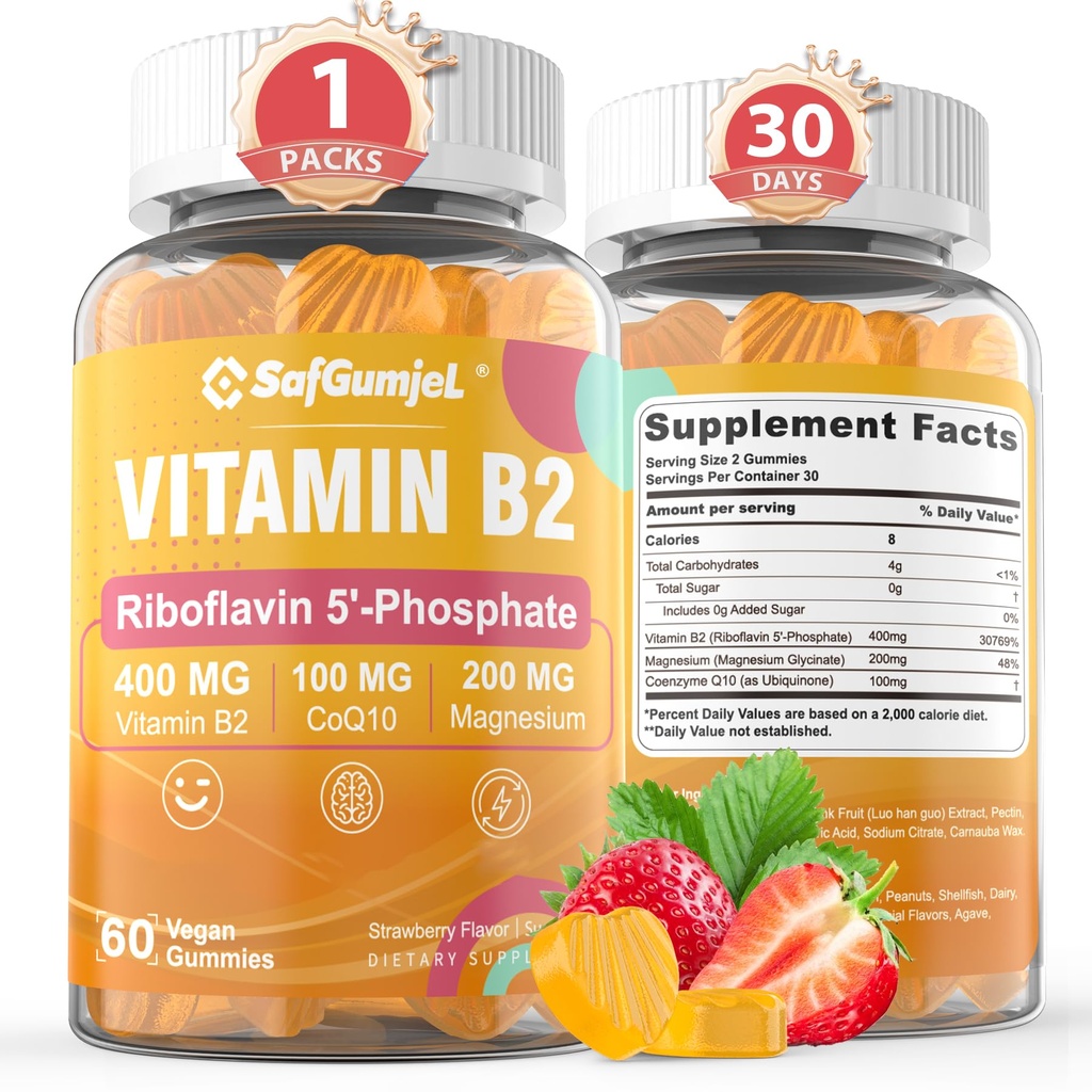 Vitamina B2 Gummies | Riboflavin 400mg con Magnesio & CoQ10 per Migraine Relief & Headache Relief | Sugar Free, Vegan, Strawberry Flavor, 60 Count