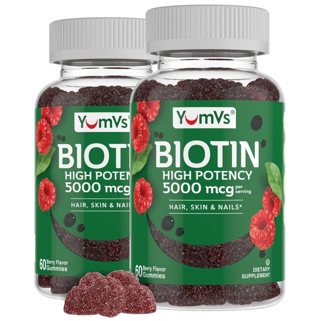 YumVs Biotin Gummies 5000mcg - Luscious Raspberry Flavor - Thicker Faster Hair Growth Gummies für Damen oder Herren - Haar, Haut und Nägel Vitamine - Hair Gummy - Vegetarian Biotin Supplement (60 Ct., 2pk)