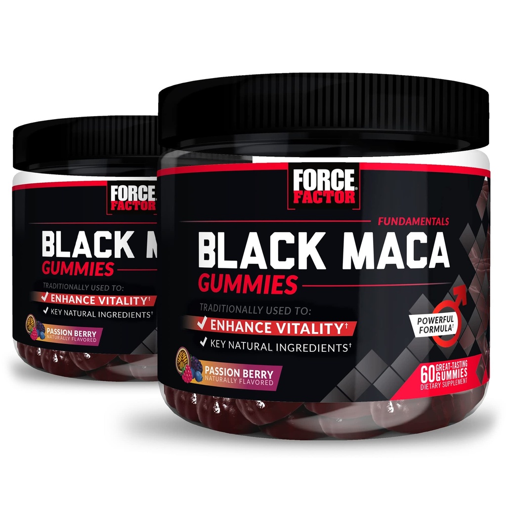 Force Factor Black Maca Gummies, 2-Pack, Black Maca Root per migliorare la vitalità maschile, aumentare l'energia e la forza, con BioPerine per l'assorbimento superiore, Delicious Passion Berry Flavor, 120 Gummies