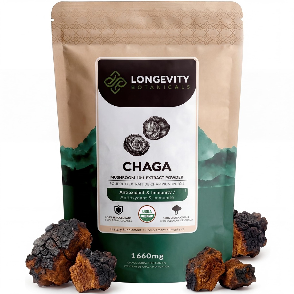 Langlebigkeit Botanicals Bio Chaga Pilzextrakt Pulver 100g | Konzentriert 10:1 Ratio | 100% Fruchtkörper | Inonotus Obliquus Natürliche Ergänzung für Immunfunktion, Antioxidantien & Vitalität