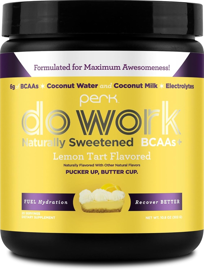 Perk Do Arbeit BCAAs + Hydration Elektrolyte Pulver (Naturly Sweetened Lemon Tart Flavored, 20 Servierungen) - mit Kokosnusswasser & Kokosmilch