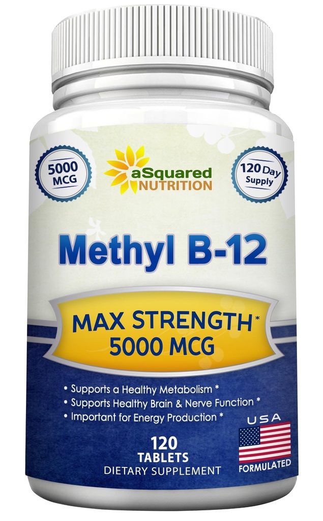 aSquared Nutrition Vitamin B12-5000 MCG Ergänzung mit Methylcobalamin (Methyl B-12) - Max Strength Vitamin B 12 Unterstützung zur Steigerung der natürlichen Energie, Benefit Gehirn & Herz-Funktion - 120 Tabletten