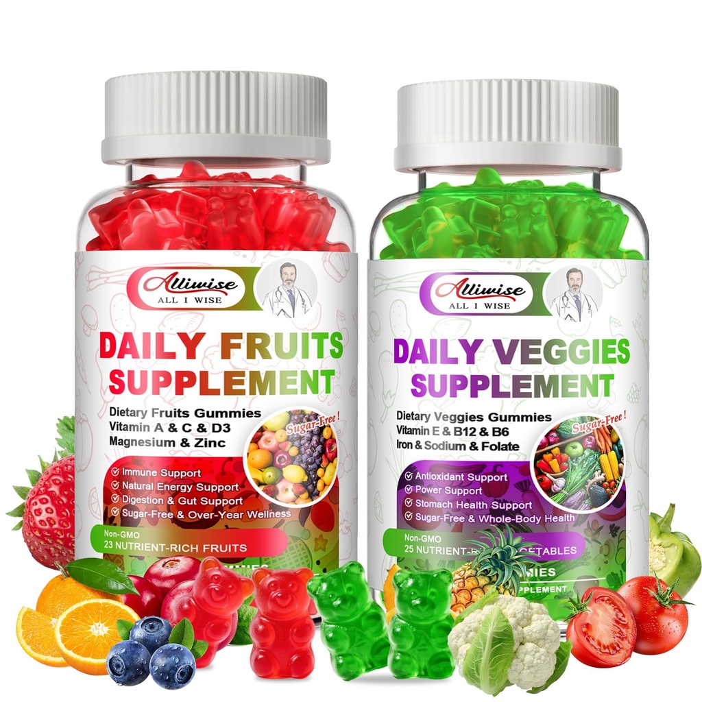 Sugar-Free Fruits and Veggies Supplement, Super Greens Gummis mit Multivitamin, Minerals & Fiber, Natural Fruits and Vegetables Supplement unterstützt Immunität, Antioxidans & Energie für Frauen & Männer