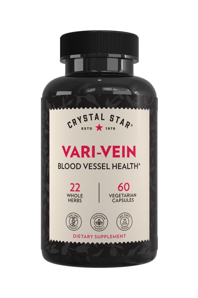 Crystal Star Vari-Vein (60 Kapseln) - Herbale Zirkulation Unterstützung Ergänzung für Varikose Venen & Spider Venen Behandlung - Hexe Hazel, Metzger Broom, Hawthorn & Horse Chestnut- Non-GMO