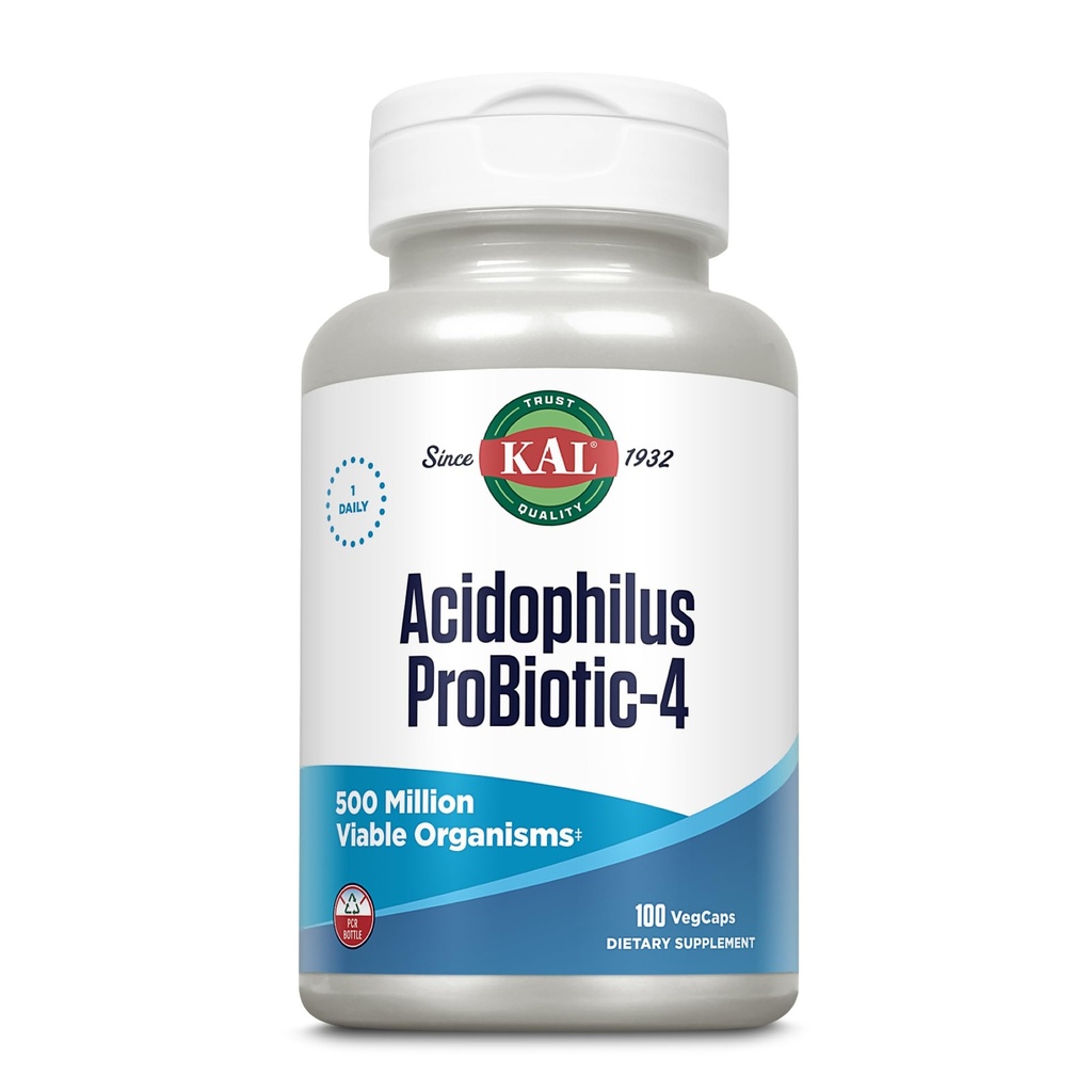 KAL Acidophilus ProBiotic-4, 500 millions d'UFC, Quatre souches probiotiques, Probiotiques pour les femmes et les hommes, Séché congelé, L. acidophilus, L. bulgaricus, S. thermophilus, B. bifidum, 100 portions, 100 VegCaps