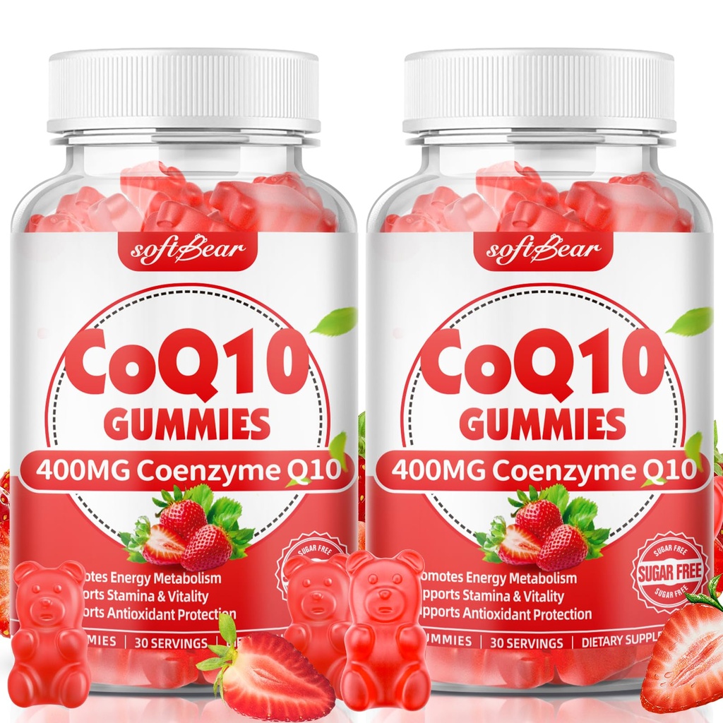 softbear CoQ10 Gummies 400mg Coenzym Q10 Ergänzung für Erwachsene, hohe Absorption coq10 Plus Omega-3, Magnesium, Vitamin B3 & Zink für Zelluläre Energie & Antioxidans, Erdbeer Flavor 120 Zähler