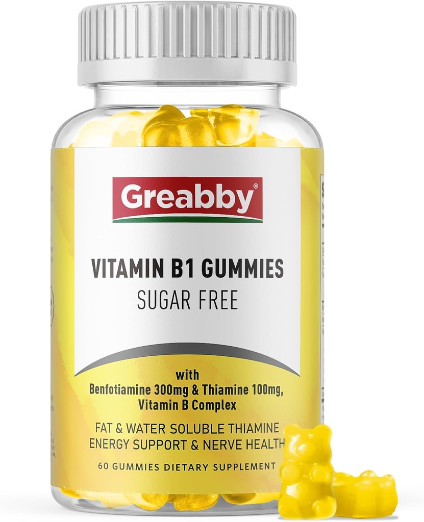 Vitamine B1 Gummies - Benfotiamine 300mg et Thiamine 100mg, sans sucre, supplément à croquer complexe vitamine B, stimuler l'énergie et le système nerveux santé pour les femmes hommes, 60 Gummies
