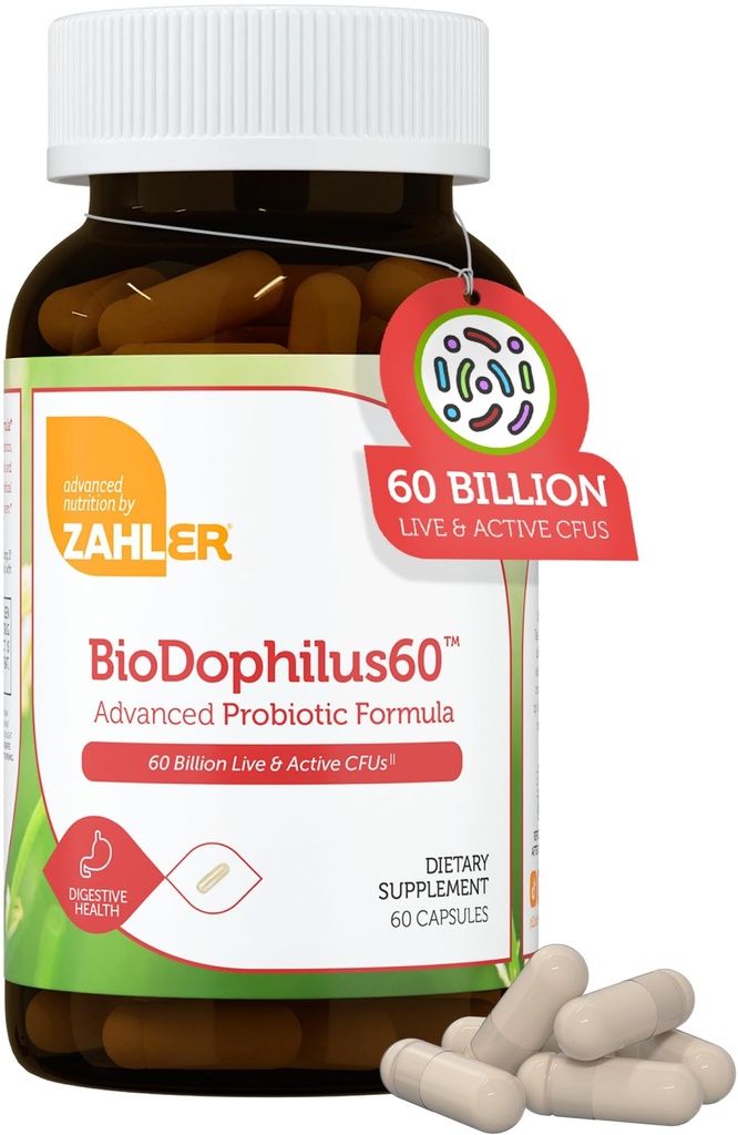Zahler BioDophilus60, 60 Million CFU Probiotique + Prébiotique - 11 souches Probiotique Supplément quotidien - Probiotiques kasher pour les femmes pour la santé digestive, probiotiques pour les hommes pour la santé des Gut (60 capsules)