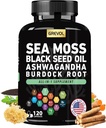 Gélules de mousse de mer avec l'huile de graines noires d'Ashwagandha Bladderwrack Root Turcuma et vitamine C D3 de la baie d'ail Pepper noir - Supplément multiminéral - 120 Compte