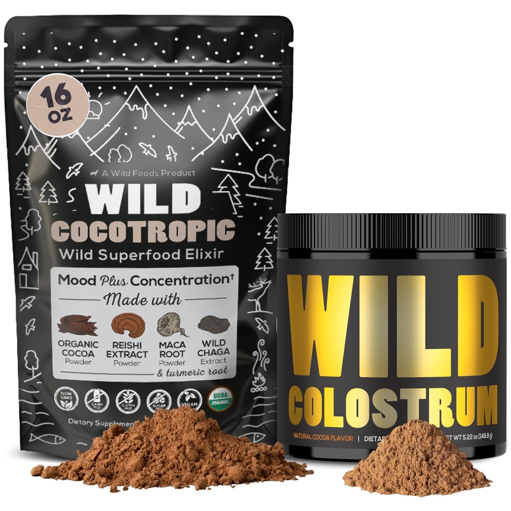 Cocotropic Organic Mushroom Cacao Mix (16oz) & Colostrum Powder (5.22oz) Bundle für Gut Gesundheit und Energie