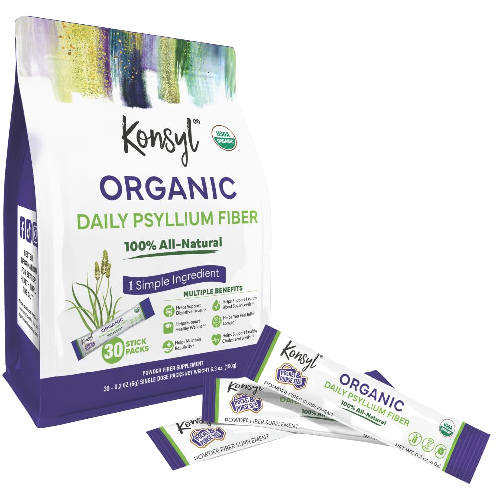 Konsyl Organic Daily Psyllium Fiber Stick Packs - On-The-Go Fiber Supplement Powder - Günstig, All-Natural Soluble Fiber, Gluten-Free & Sugar-Free, Vegan & Keto - 30 Packets