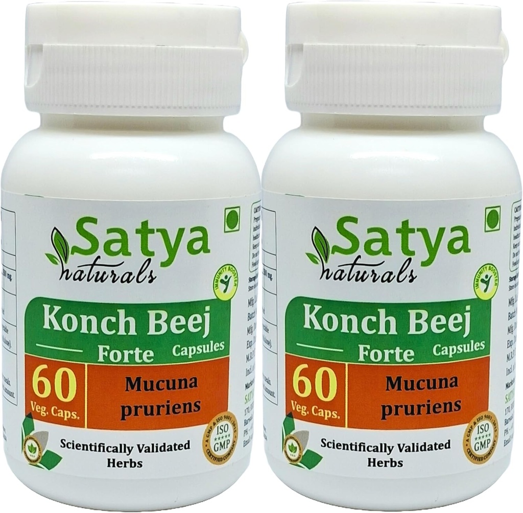 Estratto di capsule di Konch Beej Forte 500 mg. 60 Veg. Capsule | Konch Beej (Mucuna Pruriens) Estratto di capsule per uomini e donne | Ayurvedic Herbal Supplement/Rimedies | 10:1 Forte (2 Bottiglie di 60 capsule)