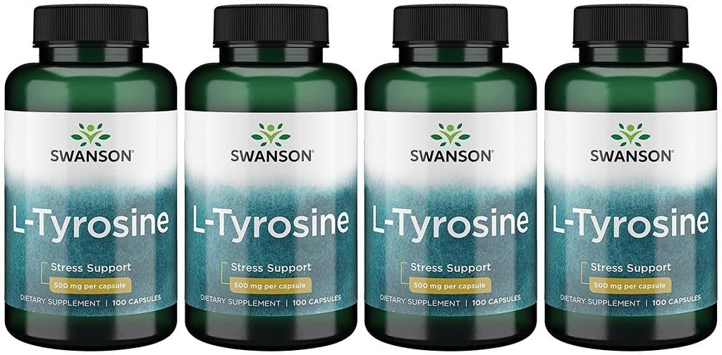 Swanson L-Tyrosine - Integratore di aminoacidi Promuovere il supporto della stringa, Funzione cognitiva - Aiuta il supporto generale Salute del cervello - (100 capsule, 500mg ogni) 4 Pack
