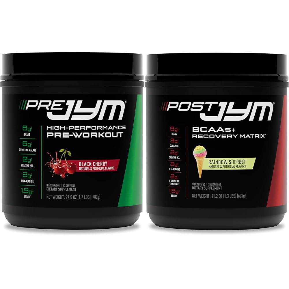 PRE JYM 30 Black Cherry & Post JYM Rainbow Sherbert post-entraînement 30 portions de boisson de récupération musculaire
