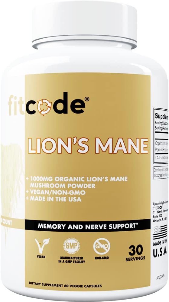 fitcode Bio Lion's Mane Mushroom Supplement - Lion's Mane Mushroom Capsules Nootropics Brain Support Supplement für Fokus Gedächtnis Klarheit und Immunität Unterstützung Lion's Mane Supplement