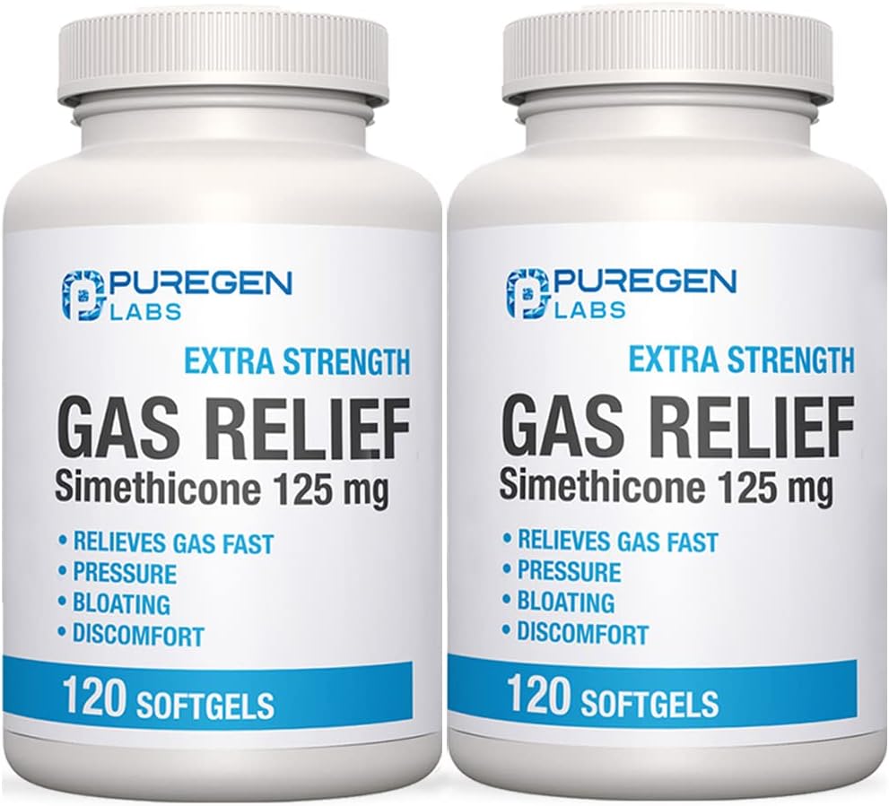 P Puregen Labs Extra Strength Gas Relief Softgels mit Simethicone 125 mg | Fast Relieve of Pressure, Bloating and Painful Discomfort – 2 Pack | Total 240 Softgels