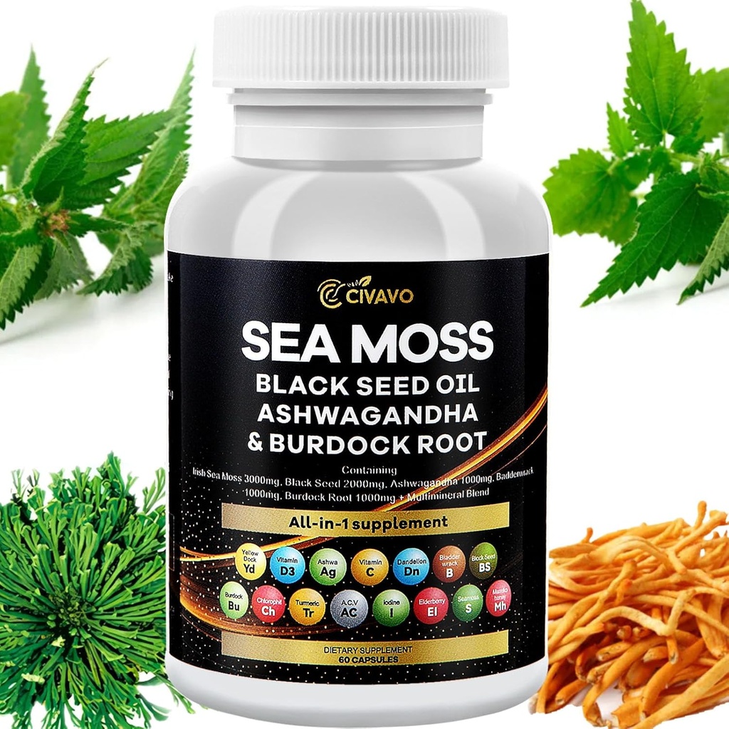 Sea Moss 3000mg Schwarz Seed Öl 2000mg Ashwagandha 1000mg Bladderwrack 1000mg Turmeric 1000mg Burdock 1000mg Vitamin C & D3 Elderberry Manuka Dandelion Gelb Dock Chlorophyll ACV
